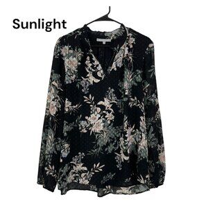 Daniel Rainn Black Floral Long-Sleeve V-Neck Tunic Blouse Women Size XL Pullover